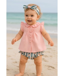  طقم ثلاث قطع  بلوزة وكولت وربطة  راس مواليدبنات ماركة tutto piccolo صناعه اسبانيه