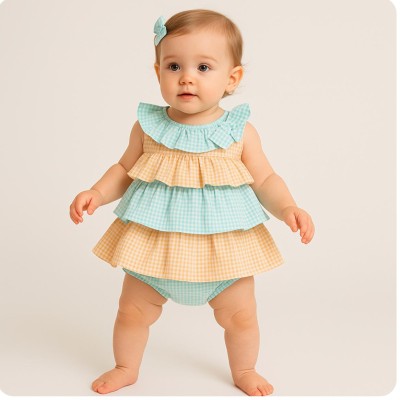 طقم مواليد بنات مكوّن من قطعتين مع كولت من ماركة Tutto Piccolo، تصميم أنيق بنقشة مربعات صغيرة باللون